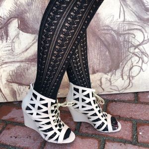 NEW Ankle Strap Bootie Laser Cut Out Lace Wede